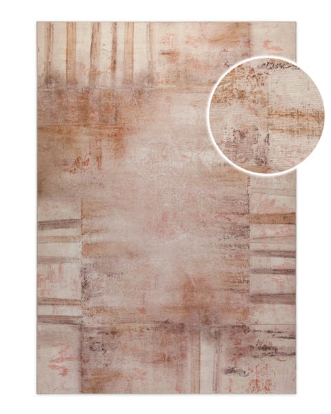 Rechteckiger Teppich mit abstraktem Muster im Vintage-Stil und Detailansicht der Materialstruktur.