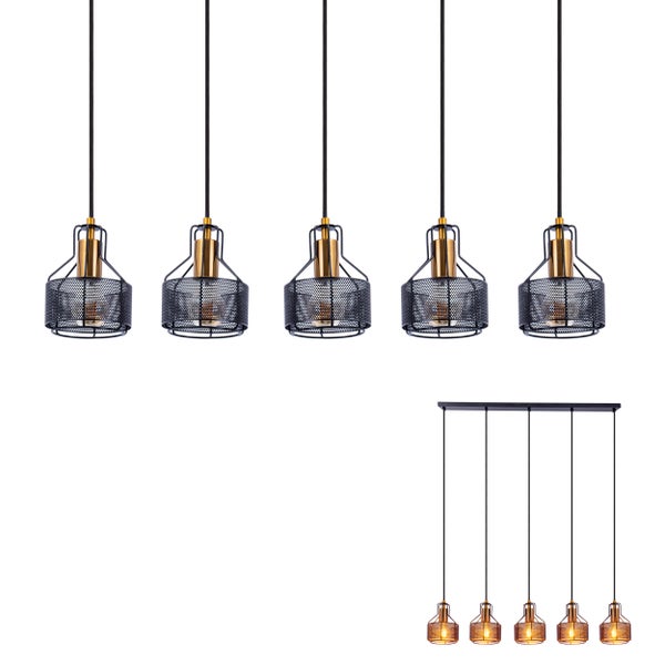 Fünfflammige Pendelleuchte mit Lampenschirmen aus Metallgitter