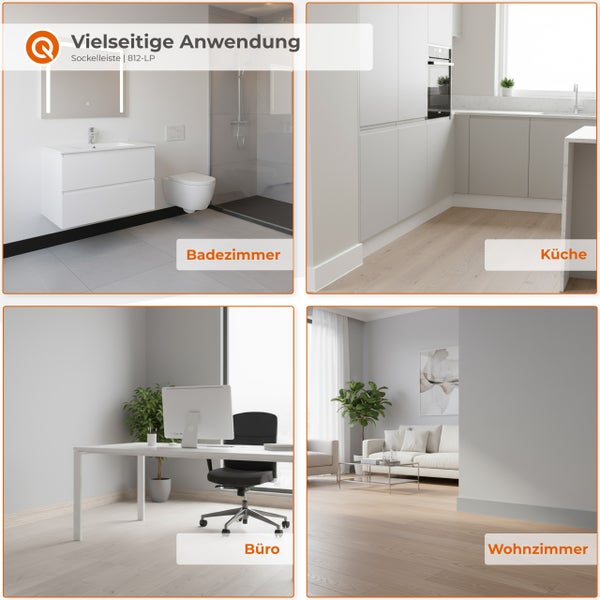 Anwendungsbeispiele für eine Sockelleiste in Badezimmer, Küche, Büro und Wohnzimmer.