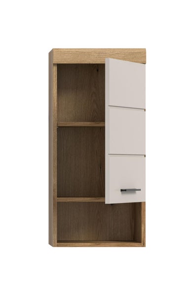 Wandschrank in Holzoptik mit einer weißen Tür und Einlegeböden für das Badezimmer.