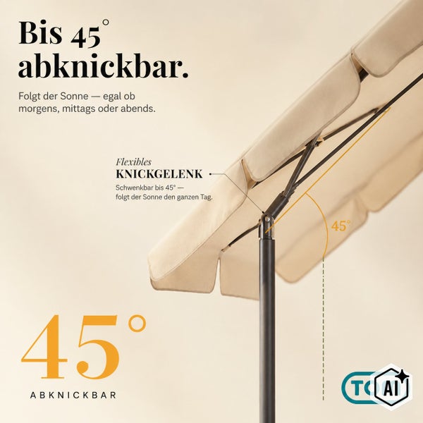 Sonnenschirm mit flexiblem Knickgelenk um 45 Grad neigbar von der Marke TOM