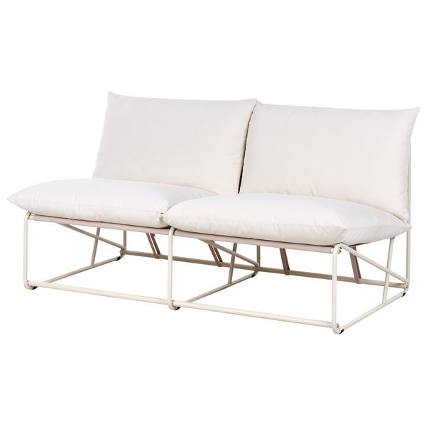 Rückansicht eines Outdoor-Sofas mit Metallrahmen und Stoffbezug