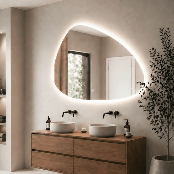 Badezimmer mit organisch geformtem LED Wandspiegel über einem hölzernen Doppelwaschtisch mit zwei Aufsatzwaschbecken und dunklen Armaturen.