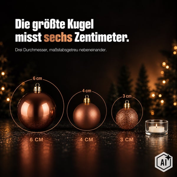 Drei Weihnachtskugeln mit Durchmessern von sechs Zentimetern, vier Zentimetern und drei Zentimetern im maßstabsgetreuen Vergleich.