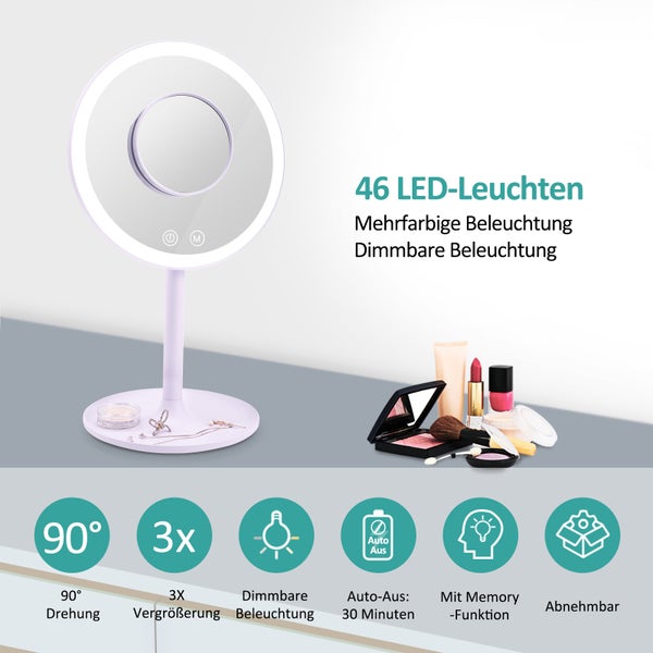 EMKE Kosmetikspiegel mit Beleuchtung Ø20 cm, 3 Lichtfarben, Touch-Schalter, Lila, Tragbarer Tischspiegel, für Reisen