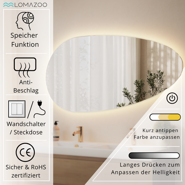 Ovaler Badezimmerspiegel mit LED Beleuchtung, Speicherfunktion, Antibeschlag und Touchsteuerung zur Helligkeits- und Farbanpassung.