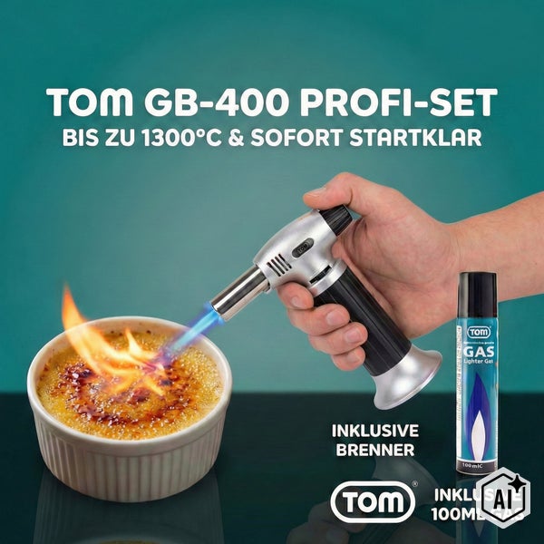 TOM GB-400 Profi-Set Gasbrenner mit 100 Milliliter Gas zum Karamellisieren von Speisen und für Flambierarbeiten bis 1300 Grad Celsius.