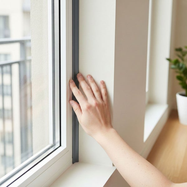 Eine Hand berührt eine Fensterdichtung an einem modernen Kunststofffenster.