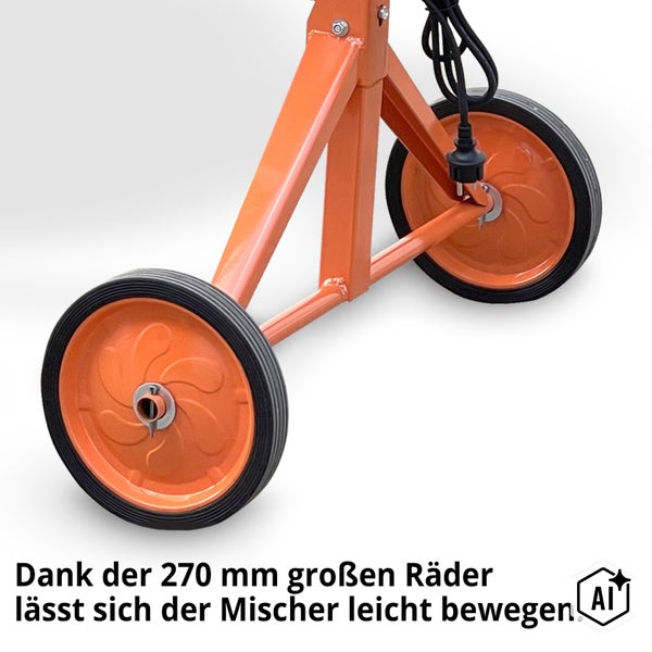 Fahrgestell eines Betonmischers mit zwei Rädern von 270 Millimeter Durchmesser für leichten Transport.