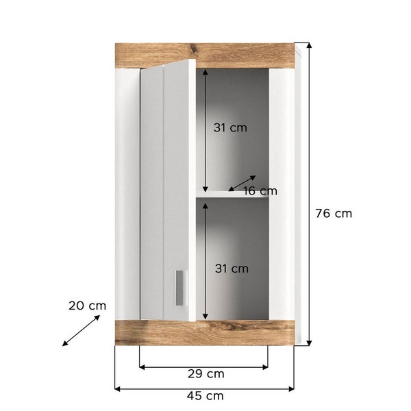 Laredo Badschrank wandhängend 1 Tür matt weiß,Eiche dekor,weiß. 45 X 20 X 76 cm