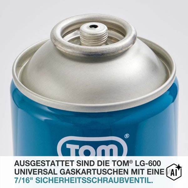 TOM LG-600 Gaskartusche mit 7/16 Zoll Sicherheits-Schraubventil für Campingkocher und Lötgeräte