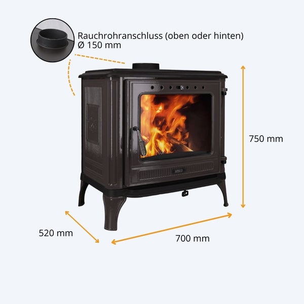 Kaminofen mit Sichtfenster, 750 mal 700 mal 520 Millimeter Maße und Rauchrohranschluss mit 150 Millimeter Durchmesser oben oder hinten.