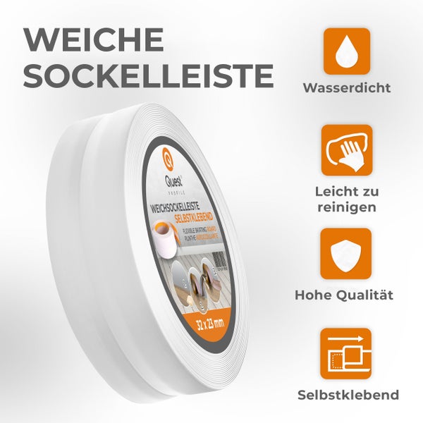 Quest Weichsockelleiste Selbstklebend 32 x 23 mm, PVC Sockelleiste, Flexibel, Hellgrau, 10 Meter
