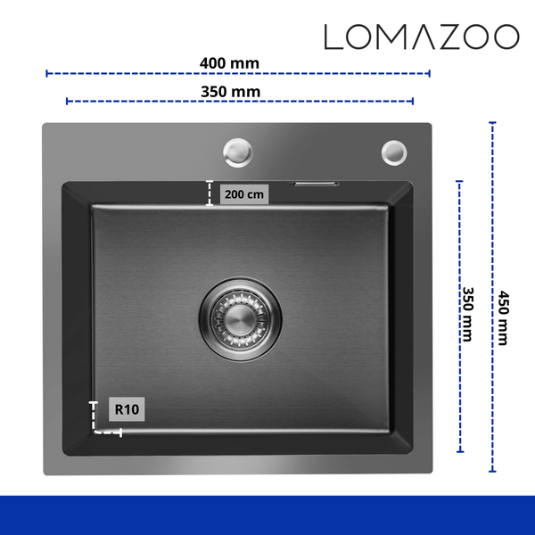 Lomazoo Edelstahl Küchenspüle mit Maßen und Ablaufventil in der Draufsicht.