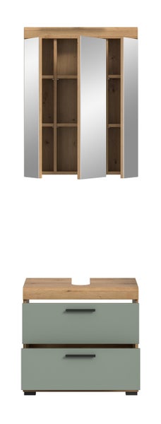 Badmöbel-Set bestehend aus einem dreitürigen Spiegelschrank in Eiche-Optik und einem salbeigrünen Waschbeckenunterschrank mit zwei Schubladen.