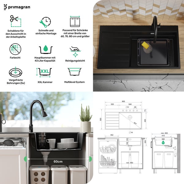 Küchenszene mit Spüle, Armatur, Schneidebrett mit Gemüse und Lebensmitteln in einer Papiertüte