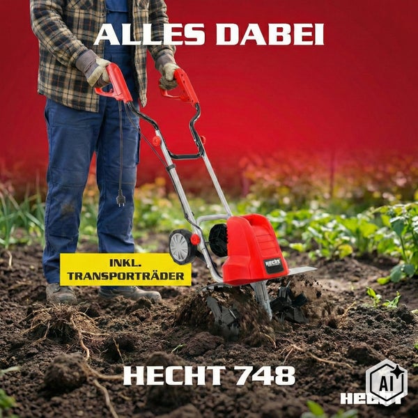 Eine Person benutzt eine Elektro Gartenfräse Hecht 748 mit Transporträdern zur Bodenbearbeitung in einem Garten.