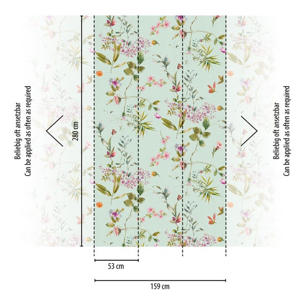 Vliestapete mit floralem Muster, Höhe 280 Zentimeter, Breite 159 Zentimeter, 3 Bahnen à 53 Zentimeter, beliebig oft ansetzbar.