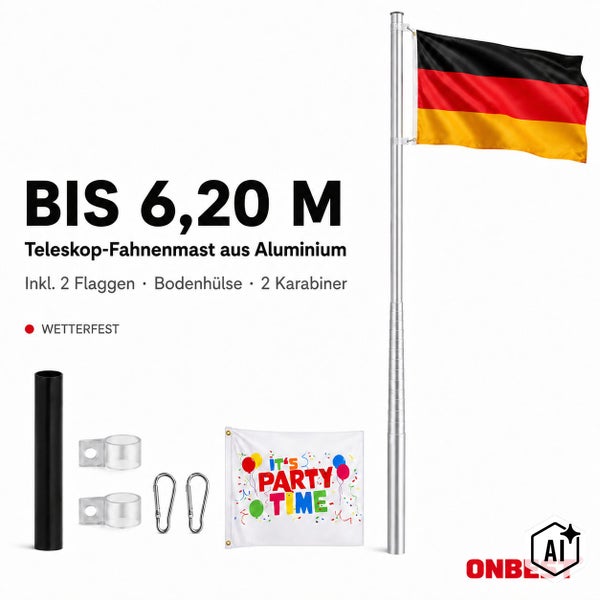 Teleskop Fahnenmast aus Aluminium bis 6,20 Meter Höhe inklusive zwei Flaggen Bodenhülse und zwei Karabinern wetterfest