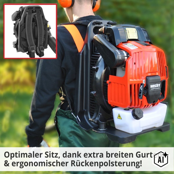 Hecht Laubsauger mit Benzinmotor als Rucksackgerät getragen mit breiten Gurten und ergonomischer Rückenpolsterung für hohen Tragekomfort.