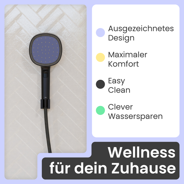 Handbrause mit abgerundetem quadratischem Kopf. Merkmale: exzellentes Design, maximaler Komfort, einfache Reinigung und Wassersparen. Wellness zu Hause.