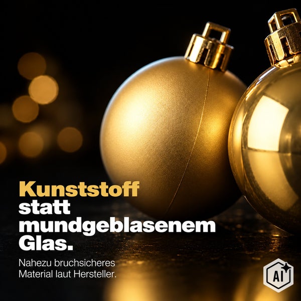 Zwei bruchsichere Weihnachtskugeln aus Kunststoff als Alternative zu mundgeblasenem Glas.