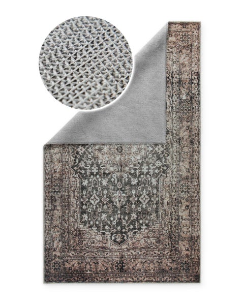 Teppich im Orient-Design mit rutschhemmender Rückseite, eine umgeklappte Ecke und eine Detailansicht der Struktur.