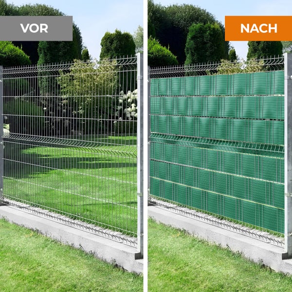 Vorher und nachher: Doppelstabmattenzaun mit Sichtschutzstreifen