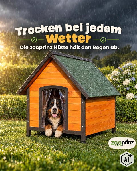 Wetterfeste Holzhundehütte der Marke Zooprinz mit Regenschutzvorhang für den Garten.