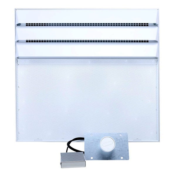 Ein elektrischer Heizkörper für die Wandmontage mit Gitterstruktur und externer Steuereinheit inklusive Drehregler.
