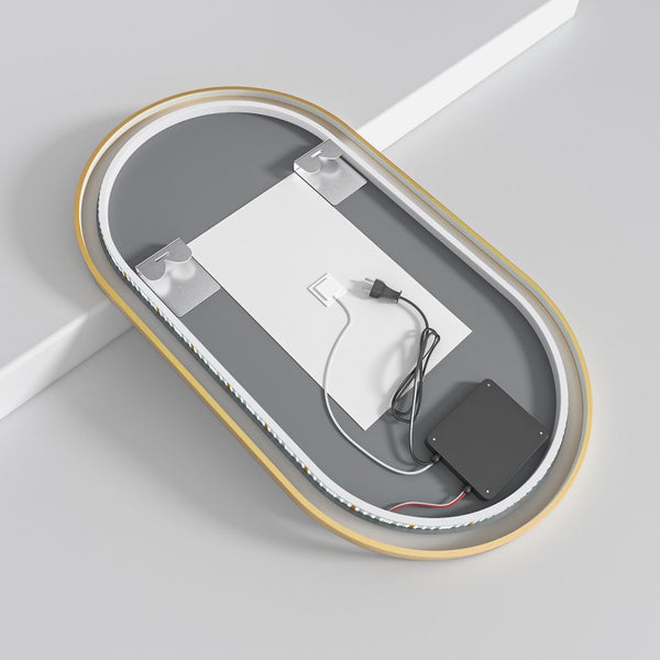 Rückseite eines ovalen Wandspiegels mit LED Beleuchtung und Netzkabel