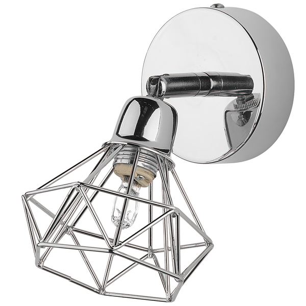 Verchromter Wandspot aus Metall in Käfig-Optik mit verstellbarem Gelenk und rundem Wandsockel.