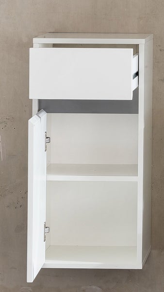 Sol Bad Hänge Stauraumelement 1 Tür, 1 Schublade weiß, weiß Hochglanz, mehrfarbige Blende. 35 X 31 X 73 cm