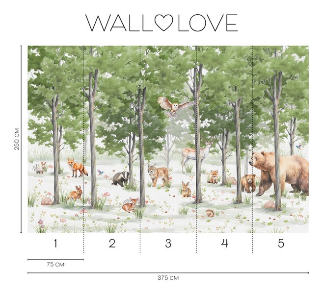 Walllove Waldtiere Tapete, 375 cm breit und 250 cm hoch