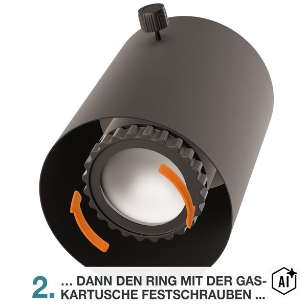 Grafik zur Anleitung für einen Gasbrenner, bei der der Ring für die Gaskartusche festgeschraubt wird.