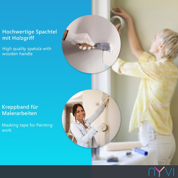 Person nutzt Spachtel mit Holzgriff an einer Wand und Frau bringt Kreppband für Malerarbeiten an. NYVI Logo.