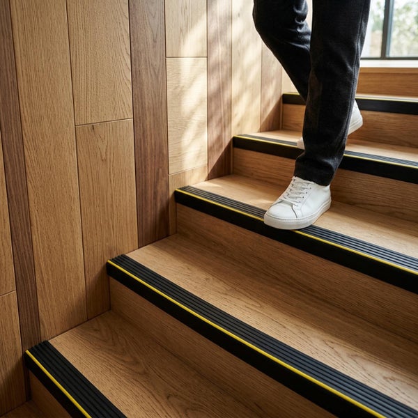 Treppenstufen mit rutschfesten Trittkantenprofilen in Holzoptik mit kontrastreicher Markierung für mehr Sicherheit im Innenbereich