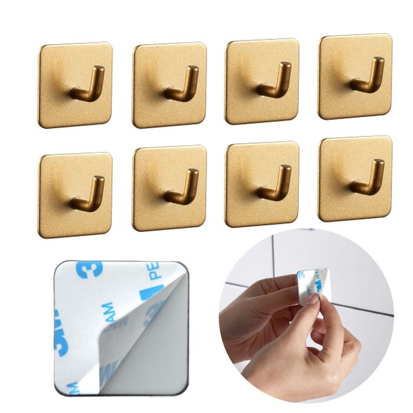 Set aus acht quadratischen selbstklebenden Wandhaken mit Klebefolie auf der Rückseite zur einfachen Montage an glatten Oberflächen