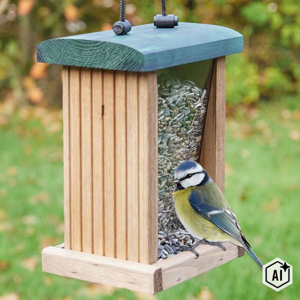 Holz Vogelfutterhaus zum Aufhängen mit Vorratsbehälter aus Kunststoff für Sonnenblumenkerne und Blaumeise als Gast