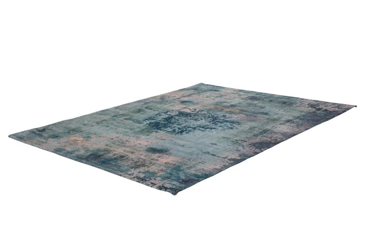 Rechteckiger Teppich im Vintage-Design mit abstraktem Muster in Blau- und Beigetönen.