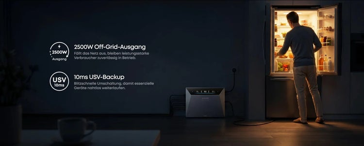 Anker SOLIX Heimbatteriesystem versorgt einen Kühlschrank bei Stromausfall mit 2500 Watt Leistung und einer 10 Millisekunden Backup-Umschaltzeit.