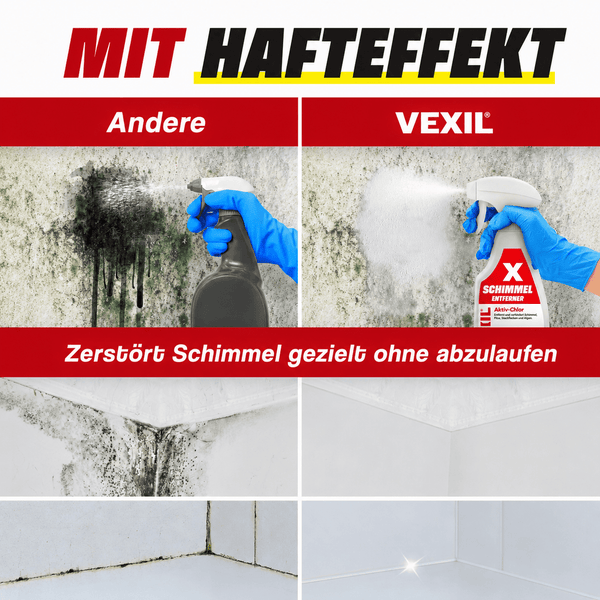 Produktvergleich der Haftwirkung von Vexil Schimmelentferner gegenüber herkömmlichen Produkten zur gezielten Beseitigung von Schimmel an Wänden.