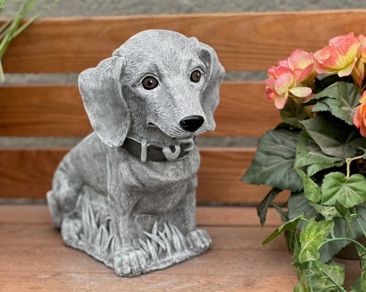 Gartenfigur Dackel aus Steinguss, sitzender Hund mit Halsband für die Außendekoration.