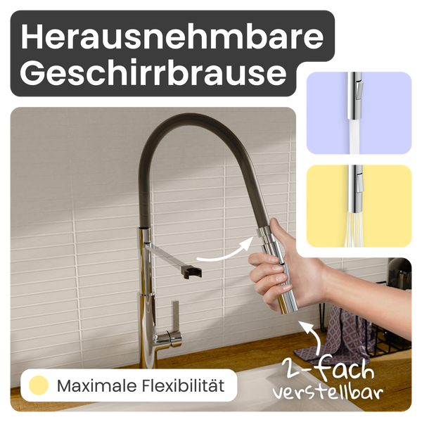 Küchenarmatur mit herausnehmbarer Geschirrbrause und zwei Strahlarten für maximale Flexibilität
