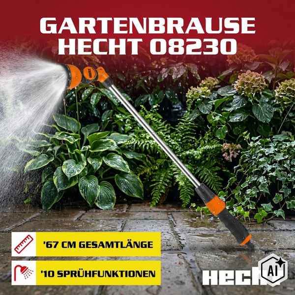Hecht Gartenbrause 08230 mit 67 Zentimeter Länge und 10 Sprühfunktionen für die Gartenbewässerung.