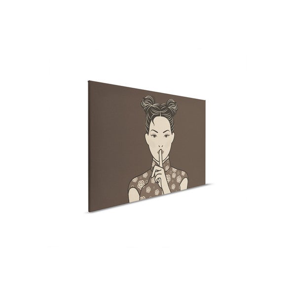 Wandbild mit asiatischem Mädchen, das den Finger auf die Lippen legt