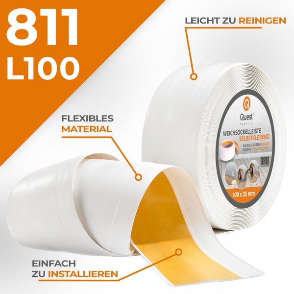 Quest Weichsockelleiste selbstklebend auf Rolle 100 mal 25 Millimeter aus flexiblem Material für einfache Montage.