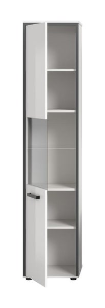 Bad-Hochschrank mit zwei offenen Türen und mehreren Regalböden, Korpus Anthrazit, Front Weiß.