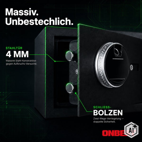 Tresor mit vier Millimeter Stahltür und Zwei Wege Verriegelung durch massive Schließbolzen der Marke Onbest