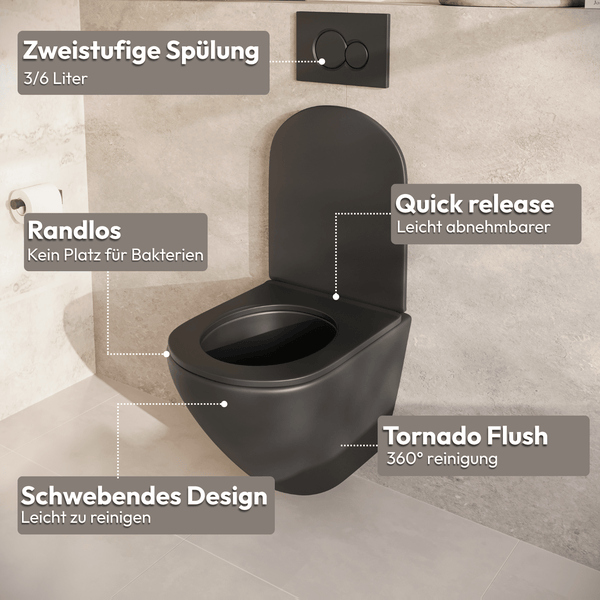 Wandhänge WC in mattem Design mit spülrandloser Technik, Tornado Spülung, abnehmbarem Sitz und Zwei Mengen Spülplatte für das Badezimmer.